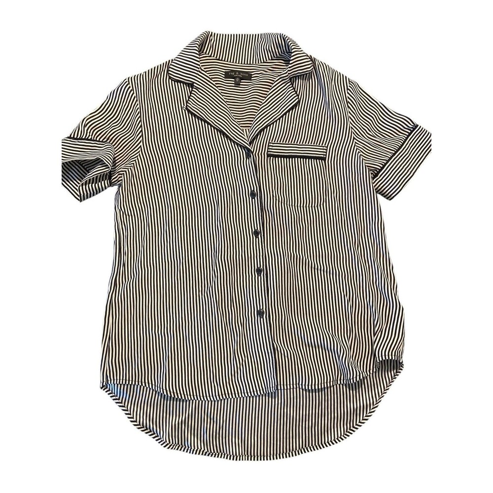Rag & Bone Luca Woman’s Short Sleeve Silk Blouse Sz PXS Striped Black/White